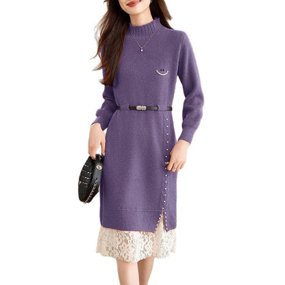 Damen Strickkleid Perlendetails Eleganter Gürtel
