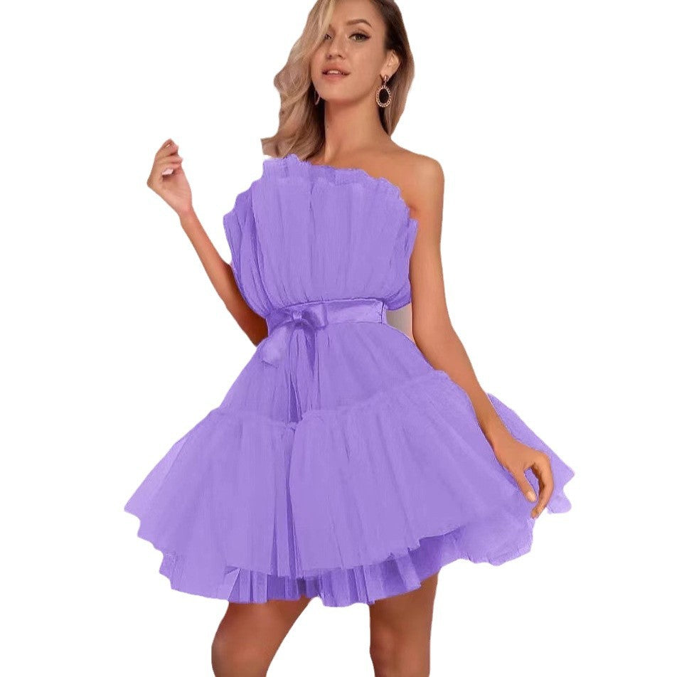 Damen Mini-Kleid Asymmetrisch Rüschen
