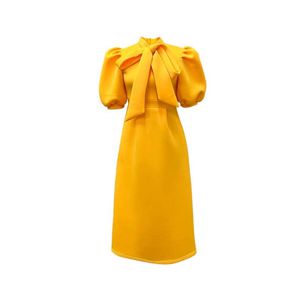 Damen Elegantes Midi-Kleid Puffärmel Bindegürtel Eveloria