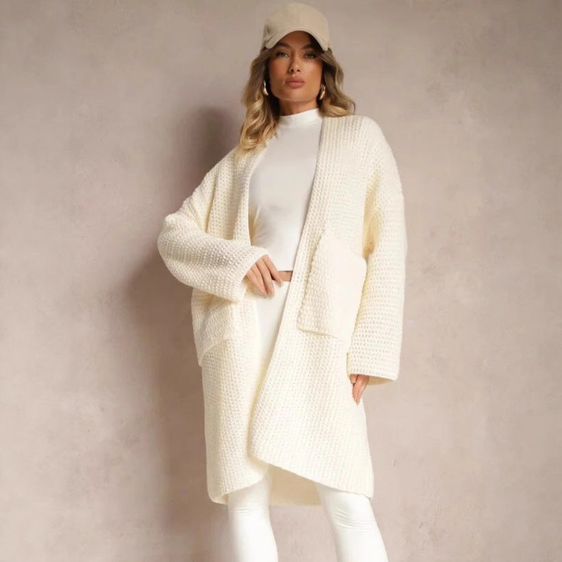 Damen Oversized Strickjacke V-Ausschnitt Taschen Beige - Eveloria