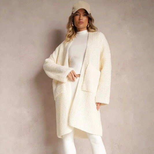 Damen Oversized Strickjacke V-Ausschnitt Taschen Beige - Eveloria