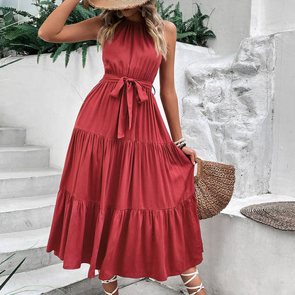 Damen Maxikleid V-Ausschnitt Taillengurt Voluminöser Rock