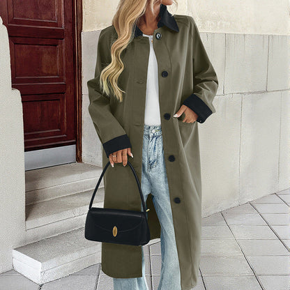 Damen Übergangsjacke Lang mit dekorativem Kragen und Taschen