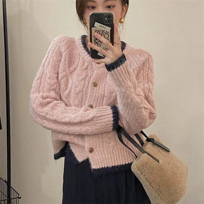Damen Grobstrickcardigan Zopfmuster Elegante Knöpfe Beige
