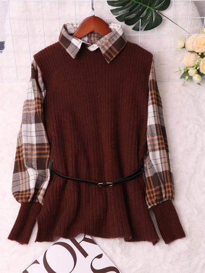Damen Strickpullover mit Karomuster und elastischem Gürtel