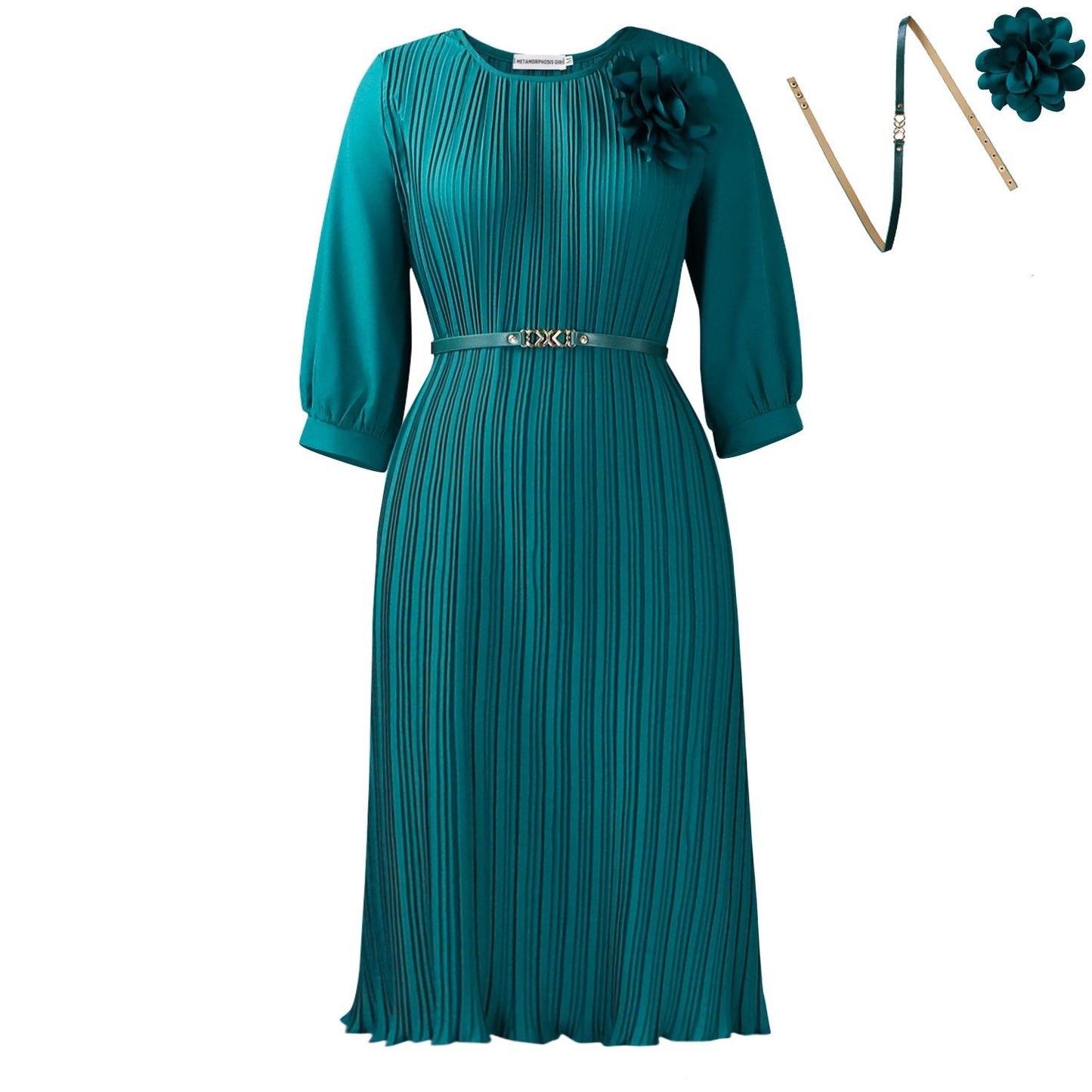 Damen Midi-Kleid Plissee Blumenapplikation Abnehmbarer Gürtel Eveloria