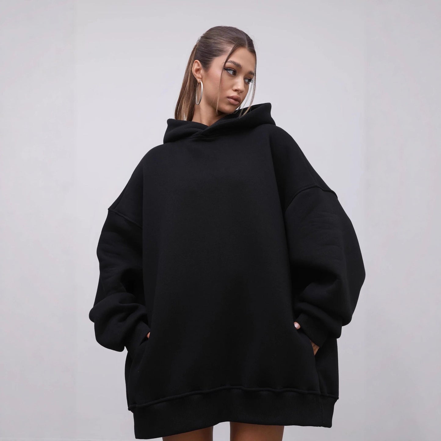 Damen Oversized Hoodie mit Taschen Hochgeschlossener Kragen
