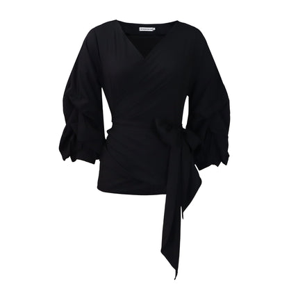Damen Wickelbluse Voluminöse Ärmel Taillengürtel Elegant