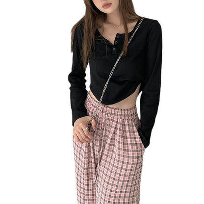 Damen Langarmshirt Knopfleiste Rippdesign Weiß