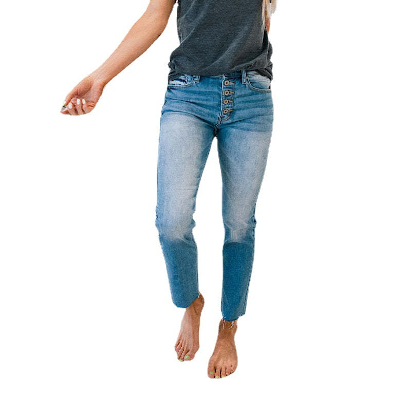 Damen High-Waist Jeans Knöpfeinsatz Fransensaum Eveloria