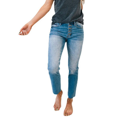 Damen High-Waist Jeans Knöpfeinsatz Fransensaum Eveloria