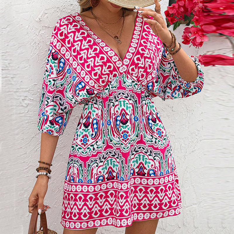 Damen Boho Kleid Weite Ärmel Florale Muster Eveloria