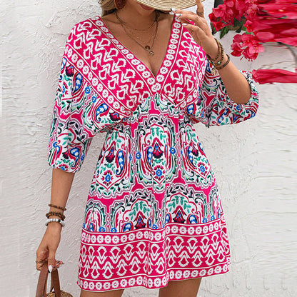 Damen Boho Kleid Weite Ärmel Florale Muster Eveloria