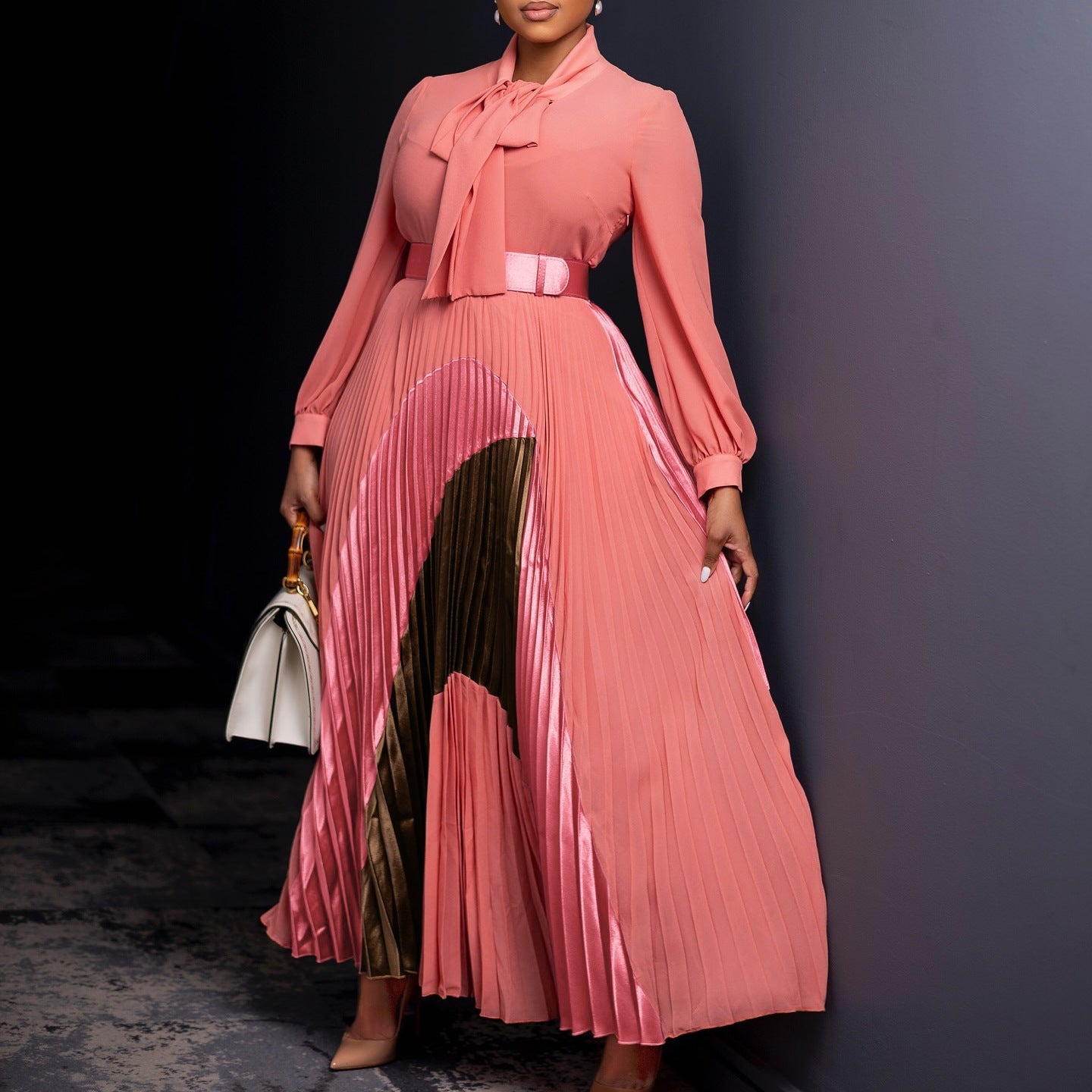 Damen Maxikleid Eleganter Schlitz Krawattenkragen Eveloria