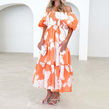 Damen Maxikleid Voluminöse Puffärmel Florales Design Eveloria