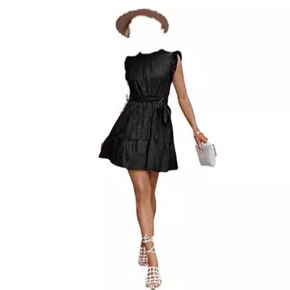 Damen Halbarmkleid Rüschendetails Taillenknoten Eveloria