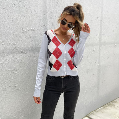 Damen Strickcardigan Rautenmuster Knöpfe Anthrazit