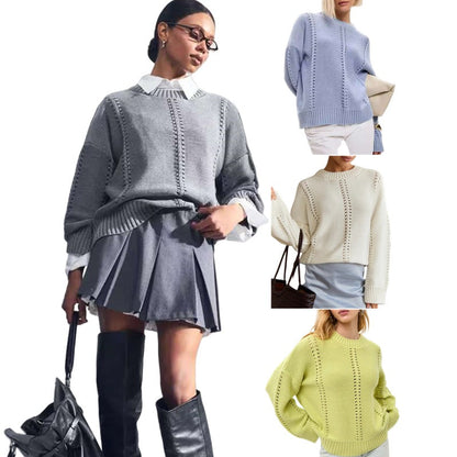 Damen Strickpullover Voluminöse Ärmel Dekoratives Lochmuster Eveloria - Eveloria