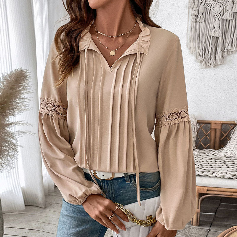 Damen Longbluse Spitzenakzente Feine Falten Elégant Weiß