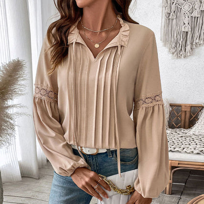Damen Longbluse Spitzenakzente Feine Falten Elégant Weiß