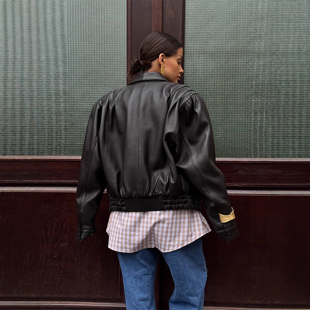 Damen Lederblazerjacke Puffärmel Eveloria