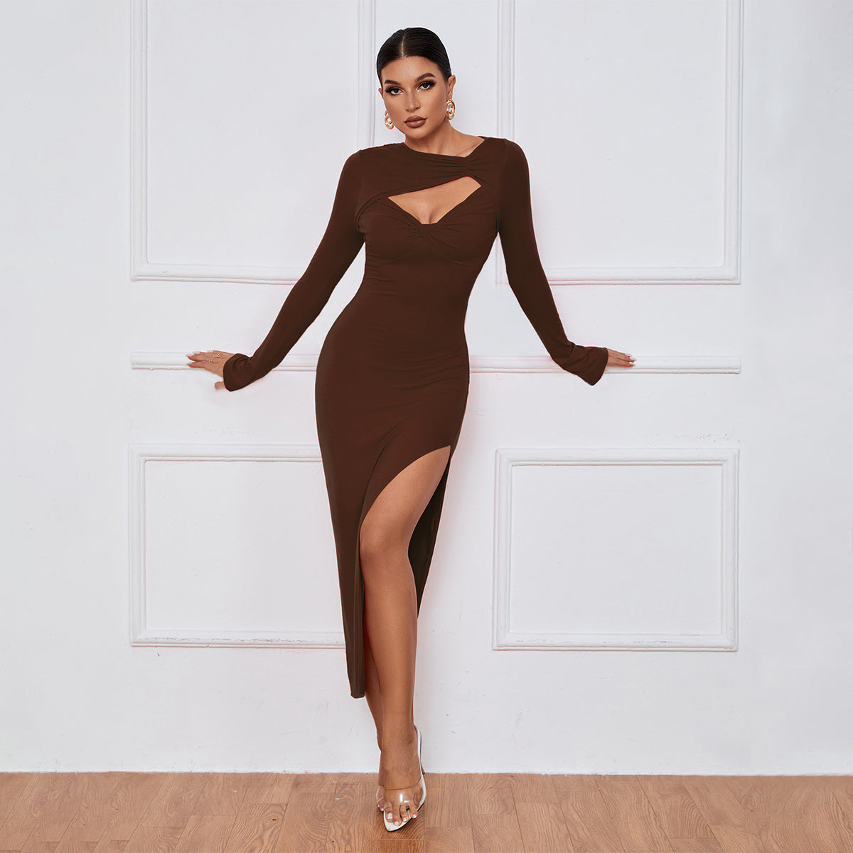 Damen Langarm-Kleid mit Cut-Out und hohem Schlitz Eveloria