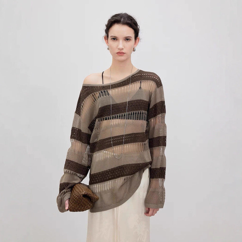 Damen Strickpulli Luftiger Trendy Lochmuster Beige