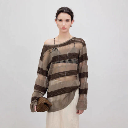 Damen Strickpulli Luftiger Trendy Lochmuster Beige