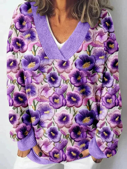 Damen Pullover V-Ausschnitt Floralmuster Lässig Eveloria