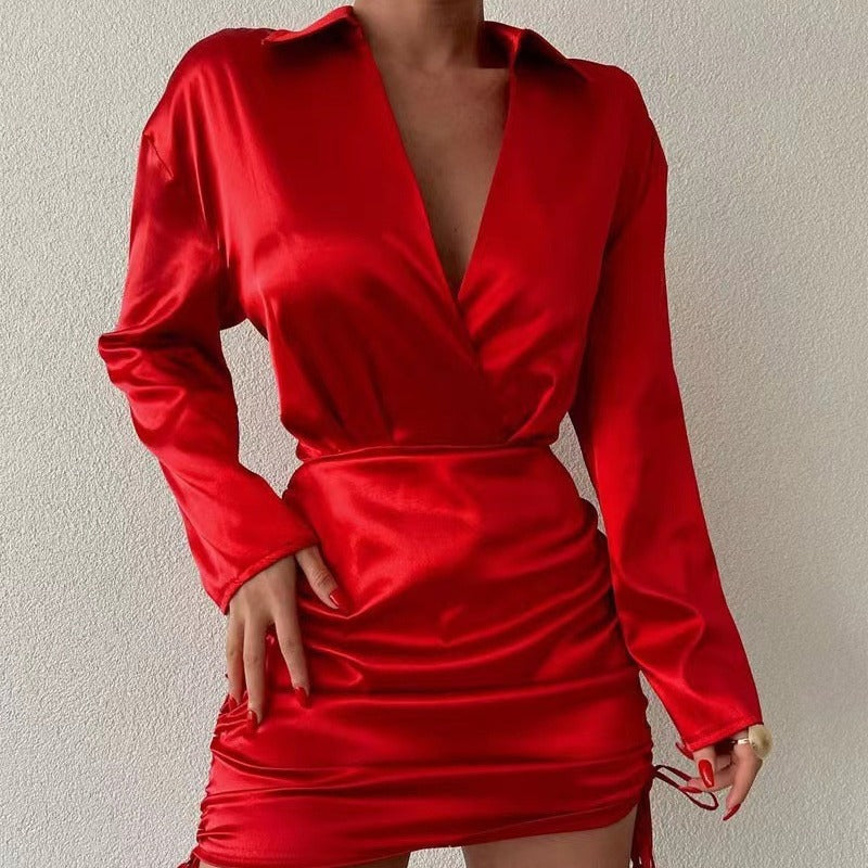 Damen Wickelkleid Langarm Verstellbarer Saum Schwarz Eveloria - Eveloria