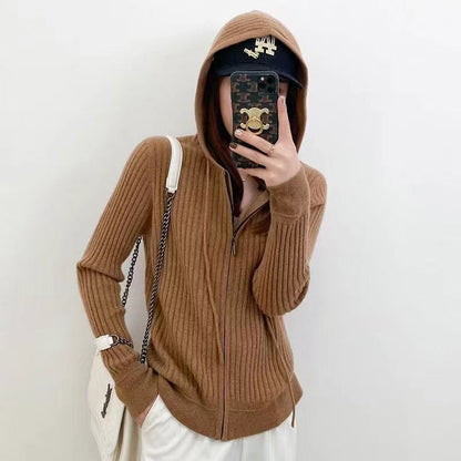 Damen Strickjacke Kapuze Reißverschluss Eveloria