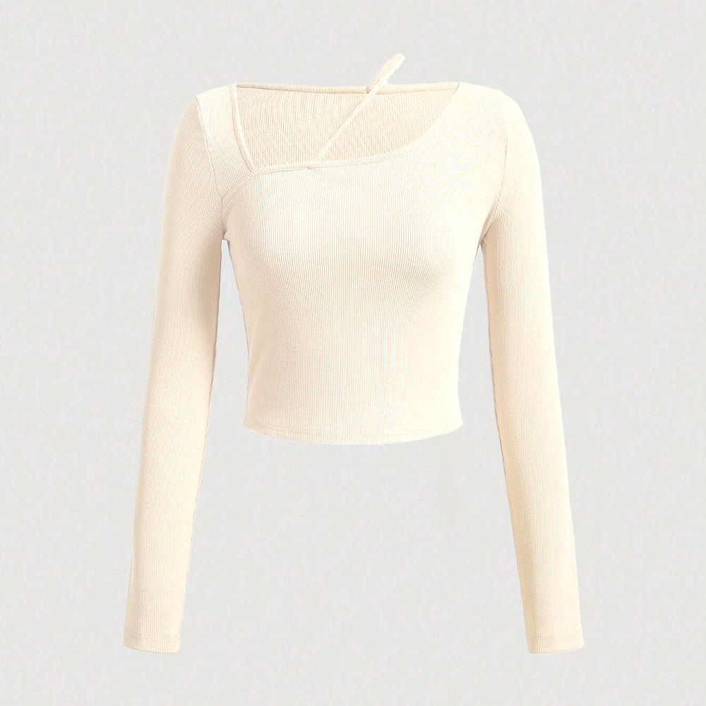 Damen Langarm Crop-Shirt Asymmetrischer Ausschnitt Rippstruktur - Eveloria
