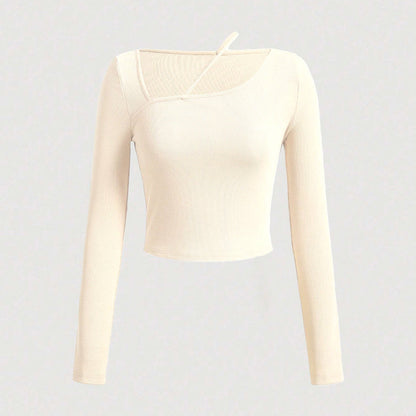 Damen Langarm Crop-Shirt Asymmetrischer Ausschnitt Rippstruktur - Eveloria