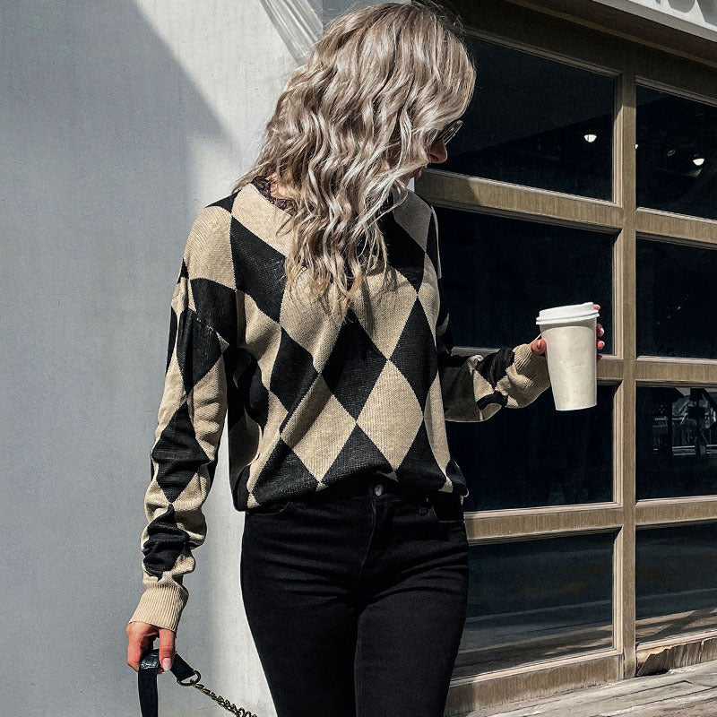 Damen Strickpullover Rautenmuster Hoher Kragen Eveloria - Eveloria