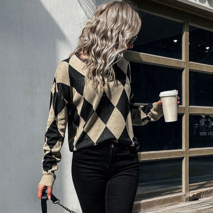 Damen Strickpullover Rautenmuster Hoher Kragen Eveloria - Eveloria