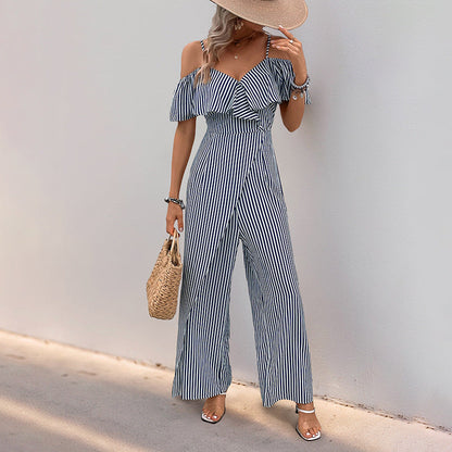 Damen Jumpsuit Schulterfrei Gestreift Eveloria