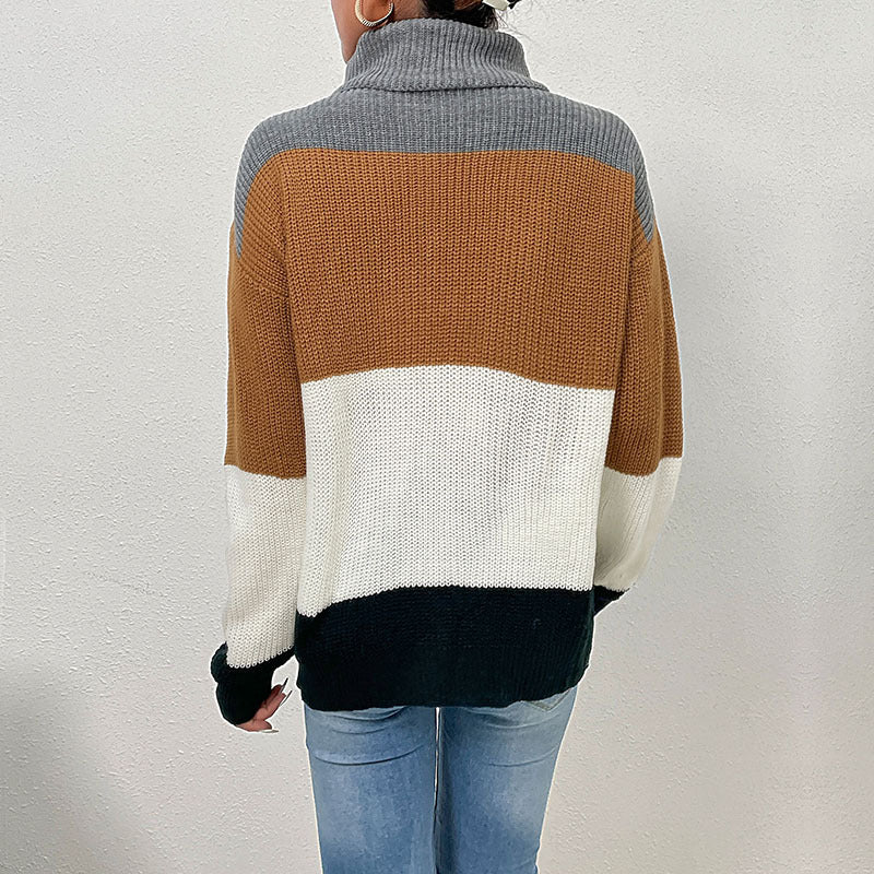 Damen Strickpullover Hochkragen Farbblockdesign Eveloria