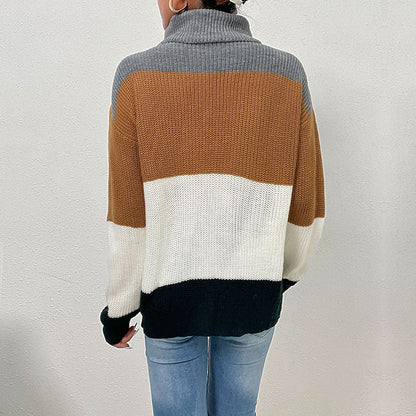 Damen Strickpullover Hochkragen Farbblockdesign Eveloria