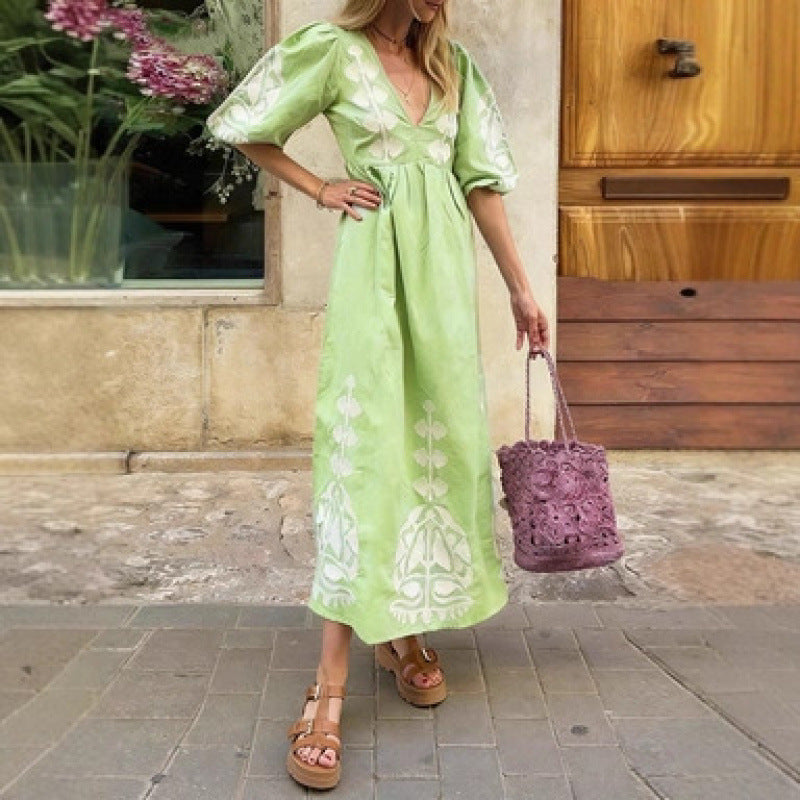 Damen Midikleid Florales Stickdesign Luftige Puffärmel