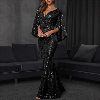 Damen Abendkleid Pailletten V-Ausschnitt Eveloria