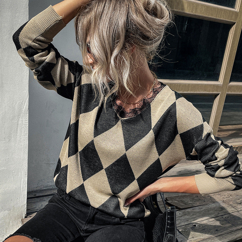 Damen Strickpullover Rautenmuster Hoher Kragen Eveloria