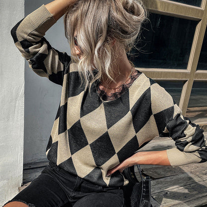 Damen Strickpullover Rautenmuster Hoher Kragen Eveloria