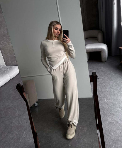 Damen Zwei-teiliges Outfit mit Kragen und weiten Hosen