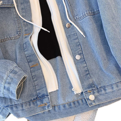 Damen Denimjacke Lässig Herausnehmbare Kapuze Blau Eveloria