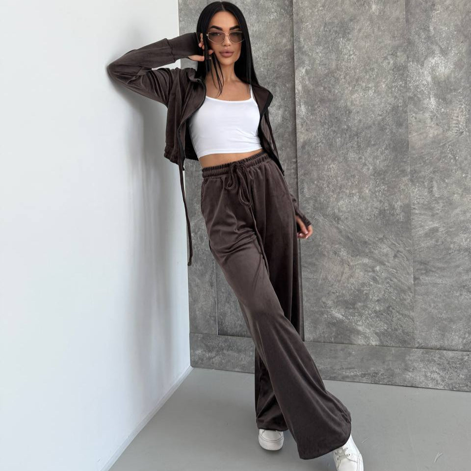 Damen Velours Lounge-Set Taillierter Hoodie Elastische Hose