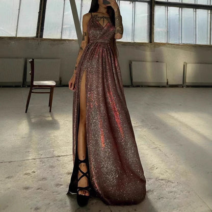Damen Maxikleid Glitzer Wickeldesign Tiefes Dekolleté