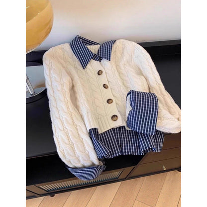 Damen Strickjacke Karostoffkragen Knöpfe Beige
