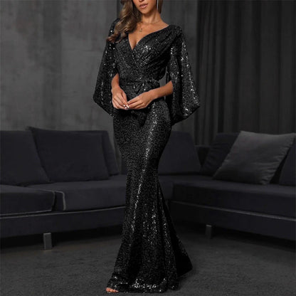 Eveloria Damen Abendkleid Pailletten Mermaid-Design V-Ausschnitt