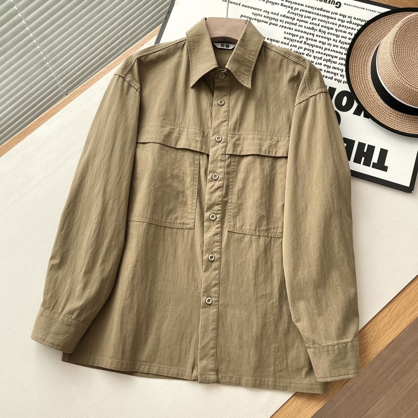 Damen Overshirt Lässig Baumwolle Brusttaschen Beige