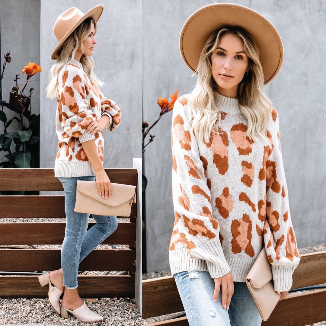 Damen Pullover Tierprint Hochkragen Grau Eveloria - Eveloria